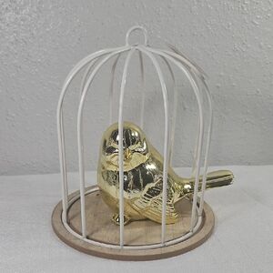 Gold Bird Figurine in White Cage Decor